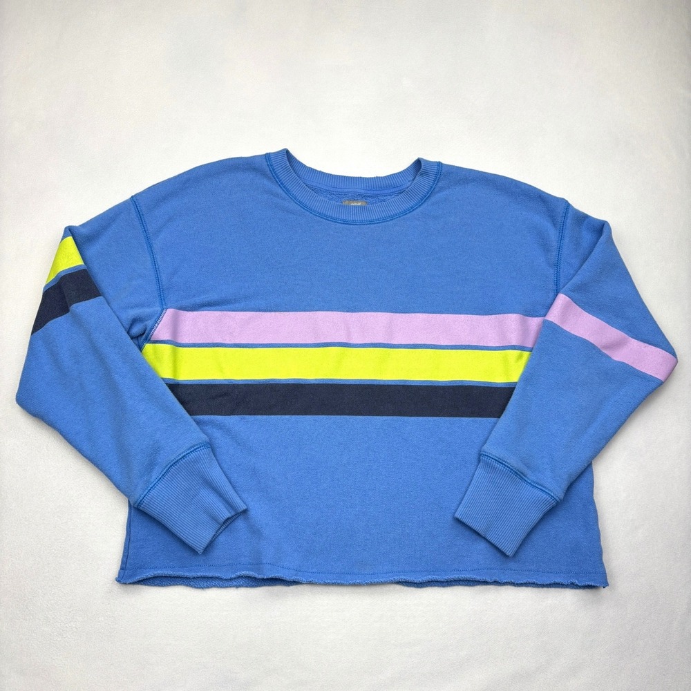 Aerie Sweatshirt Womens Small Blue Striped Raw Hem Cropped French Terry Crewneck